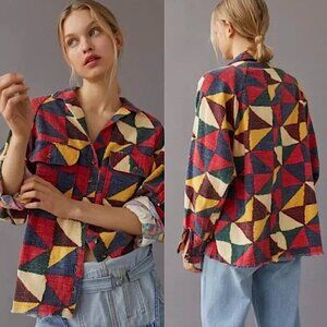 BDG by Urban Outfitters Brody Geometric Print Flannel Button Up Shirt Shacket